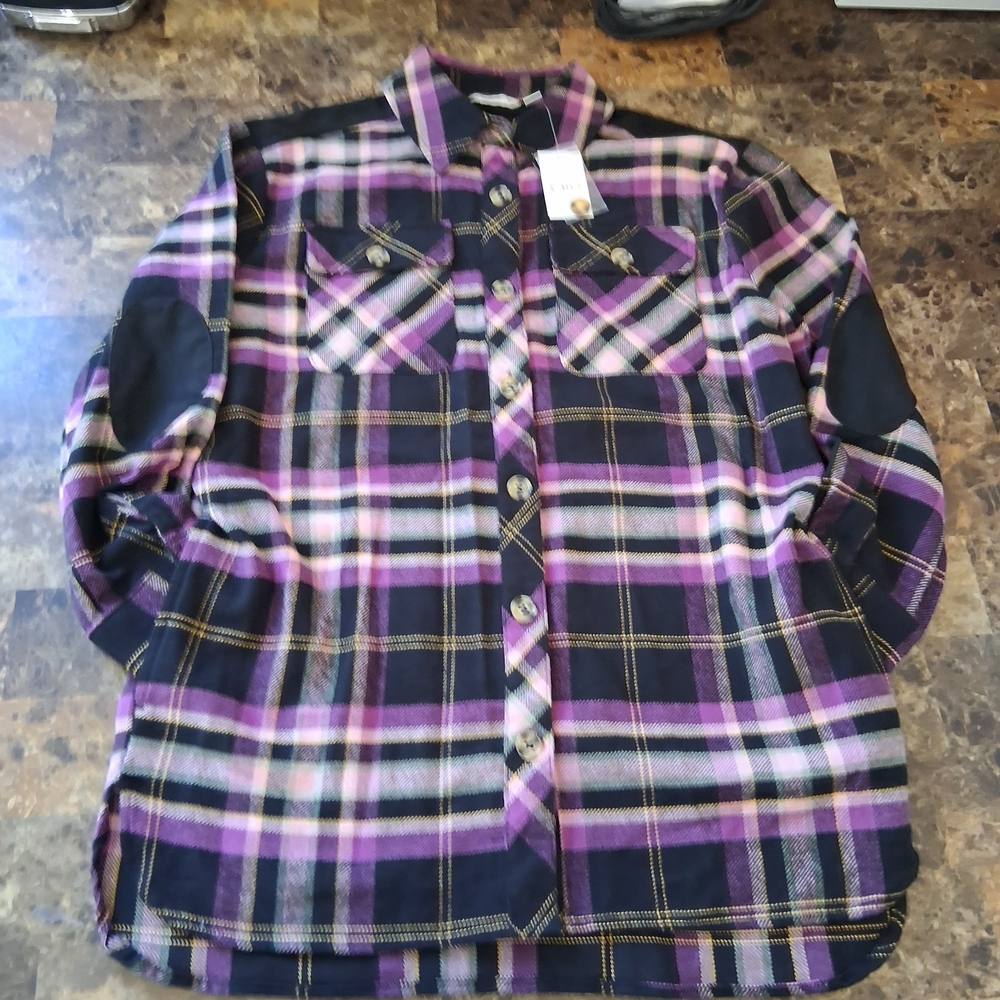 Cato Purple&Black Plaid Button Down Flanel With Front & Side Pockets 100% Cotton - Picture 6 of 15